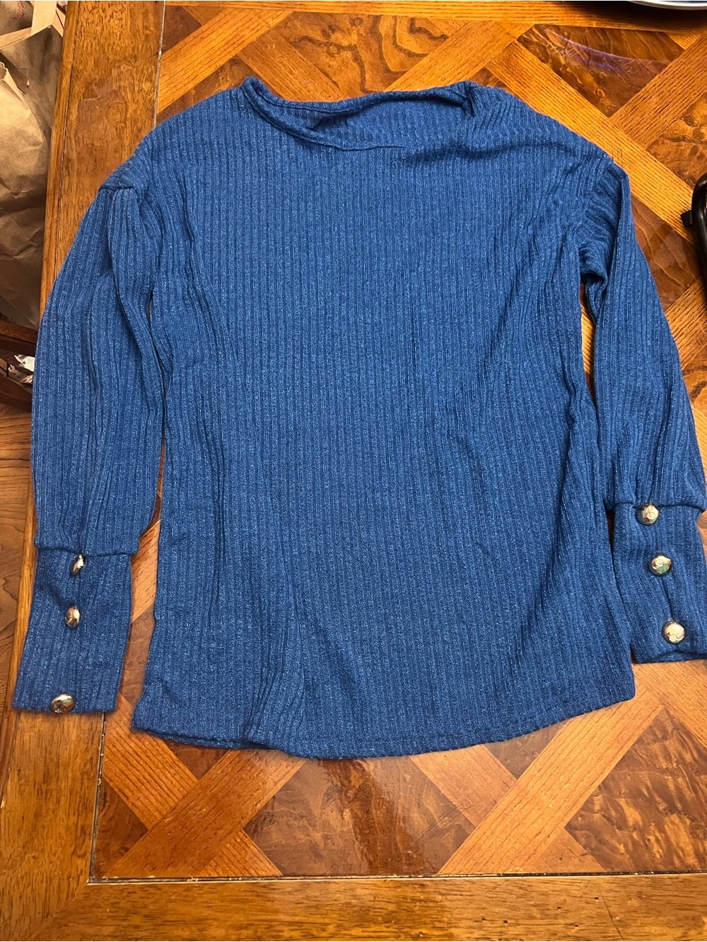 Blue Ribbed Long-Sleeve Top with Button Cuffs